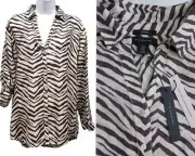 NWT TAHARI Linen Button Up Top Tunic Shirt Roll Tab Sleeve Zebra Print Cream 1X