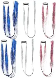 DRESSOOS 6pcs Sparkly Hair Tinsel Strands for Braiding Glitter Hair Extensions for Women Skin Friendly Durable to Create