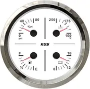 KUS Universal 4 in 1 Multifunctional Gauge 12V Oil Pressure Fuel Level Water Temp Voltmeter 110mm Dimension with Backlight