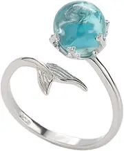 [DUANMEINAD] Duan Ocean Blue Opal Mermaid Fish Tail Finger Toe Rings Sterling Silver Plated Blue Crystal Adjustable Free Size Open Ring