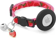 Airtag Cat Collar Breakaway with Bells & Fruit Pendants,Safety Kitten Collar with Apple Air Tag Holder and for Girl Boy Cats,Pet Accessories,Gifts(Strawberry)