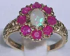 Solid 14k Yellow Gold Natural Opal & Ruby Womens Cluster Ring - Sizes 4 to 12