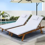 Gardeon Set of 2 Sun Lounge Camping Chair Wooden Wood Lounger, Chaise Beach Chairs Outdoor Furniture Garden Patio Setting Pool Backyard, with Wheels Cushion Pillow Adjustable Backrest White