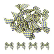 10Pcs Mini Gingham Ribbon Bow 1.5" Checkered Fabric Satin Light Blue and Yellow