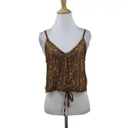Zara Top Womens S Small Bronze Tie Waist V Neck Sequin Sparkle Cami Cropped Tank