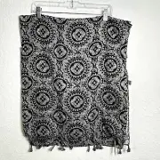 Lands End Black White Medallion Print Sarong Oblong Scarf Tassel NWT