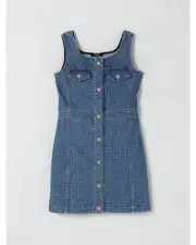 Balmain Denim Dress Geometric Pattern Kids Gnawed Blue Dresses