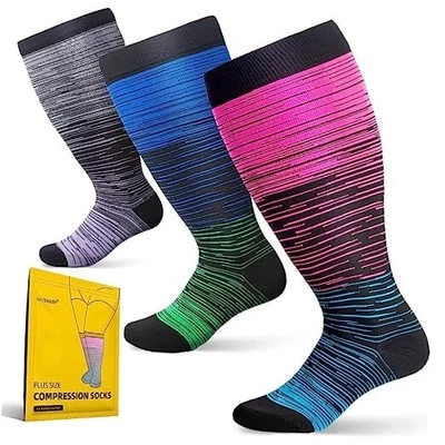 3 Packs Plus Size Compression Socks Wide Calf for 3X-Large Black/Blue/Pink