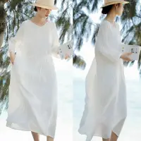 在飛比找momo購物網優惠-【設計所在】獨家高端限量系列 水果酵素砂洗純亞麻刺繡白色洋裝