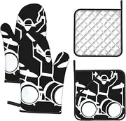4 pcs Oven Mitts and Pot Holders Set 500°F Heat Resistant Oven Gloves and Hot Pads Kitchen Mittens Drummer Cooking Gloves Potholders for Baking Grilling