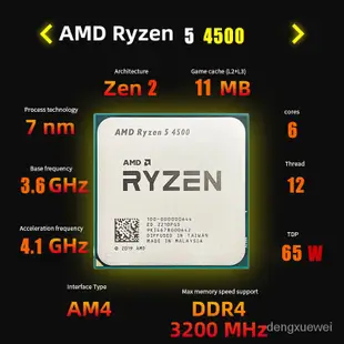 AMD Ryzen 5, R5 4500,3.6 GHz, 6核,12線程,100-0000644,插槽65W, AM4