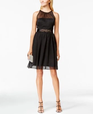 $395 Adrianna Papell Women'S Black Chiffon A-Line Halter Cocktail Dress Size 8