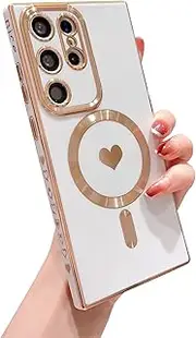 [VANIPUFF] Magnetic Phone Case for Samsung Galaxy S22 Ultra 5g [Compatible with MagSafe] Luxury Plating Cute Heart Pattern Soft Silicone Protective Shockproof Cover for Galaxy S22 Ultra 6.8” (White)