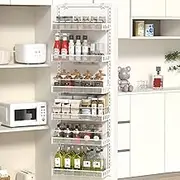 6Tier Over Door Storage, Adjustable Back of Door Storage Organizer with Hook for Each Layer, Metal Behind Door Storage Kitchen Pantry Spice Rack Can Organizer(White)