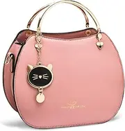 [NICOLE & DORIS] Women Fashion Top Handle Bags Small Crossbody Bag Girls Ladies Round Shoulder Bags PU Leather Messenger Bags Cute Handbag Purse with Cat Pendant