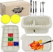 DUGATO Paint Brush Cleaner Washer, Multifunction Painting Brush Basin Holder and Organizer with Tray Palette Lid & 2 Art Sponges for Acrylic, Watercolor, Oil, Gouache Painting (Grey)