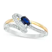 Oval Lab-Created Blue Sapphire and Diamond Accent Bypass Ring in Sterling Silver and Solid 10K Yellow Gold