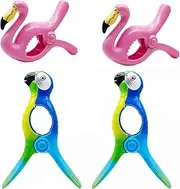Yharnamite 4 Pcs Beach Towel Clips, Lounge Chairs Clips, Flamingo Parrot Towel Clips for Beach Chairs, Strong Towel Clips for Keep Your Cloth or Towel from Blowing for Cruise, Beach, Patio, Pool