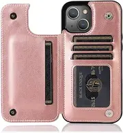 GoshukunTech Wallet Case for iPhone 14 [Double Magnetic Clasp Durable Shockproof Cover] with Card Holders PU Leather Kickstand Card Slots for iPhone 14-Rose Gold