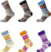 [Louluu] Winter Fair Isle Thermal Knit Socks for Women, Nordic Pattern,%80 Wool, Made in Turkey, Set of 6 Pairs, Multicolour, Red, One size