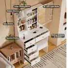 Vanity Set Makeup Dressing Table With Slide Mirror& LED Lights And Stool Drawer