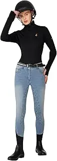 [Preto] Premium Denim Ladies Full Seat Silicone Grip Soft Stretchy Jodhpurs with Pockets, Blue, 30W
