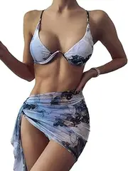 [Generic] Women's 3 Piece Water Color Cow Print Spaghetti Strap Underwire Boho Summer Swimsuit Beach Bikini Set