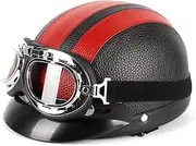 Half Open Motorcycle Helmet, Motorcycle Open Half Leather Helmet, with UV Visor and Glasses, Half Leather Helmet for Scooter A,54-60 cm