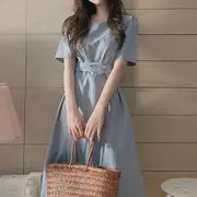 Short-Sleeve Tie-Front Midi A-Line Dress Almond - M