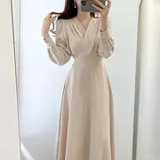 Long-Sleeve V-Neck Plain Midi A-Line Dress Almond - L