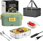 Electric Lunch Box 1.8L Large Food Heater 75W Leak-Proof Heated Lunch Box 12V 24V 220V 3 in 1 Portable Food Warmer for Car/Truck/Office 304 Stainless Steel Container Spoon & Fork and Carry Bag