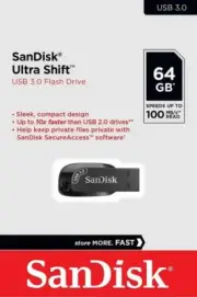 USB 3.0 Flash Drive SanDisk 64GB Ultra Shift PC Mac Memory Stick 100MB/s SDCZ410