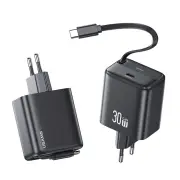 [GaN Tech] USAMS CC241 30W 2-Port USB Charger Built-in Type-C Telescopic Cable PD QC Fast Charging Wall Charger Adapter