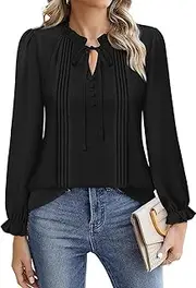 [jonivey] Women's Business Casual Pleated Tie Front Tops Long Sleeve Work Blouses Chiffon Office Shirts