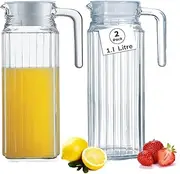 DATOUPINGQI Glass Water Jug for Fridge,2 Pack 1.1L,Water Jugs with Lids with Ribbed Design, Spill-Free Spout, Vented Lid for Hot/Cold Ice Tea Coffee Milk & Juice Jug Transparent Pitcher