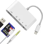 Lightning USB 3.0 Adapter(5 in 1)SD Micro SD Card Reader 3.5mm Headphone Jack Charging Port Digital Camera TF Memory for iPhone 14 13 for Apple MFI Certified Flash Drive External Accessories for ipad
