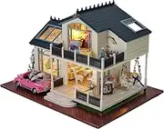 CUTEROOM DIY Miniature Dollhouse Kit with Furniture,Wooden Doll House Plus Music Movement & LED Lights & Mini Pool,1:24 Scale DIY House Kit (A032)