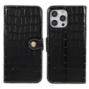 Compatible For iPhone 14 Pro Max Genuine Cowhide Leather Phone Case Crocodile Texture Stand Flip Wallet Cover Black