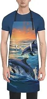 LHBWCVN dolphins in the sea Apron for Adults, Waterproof Cooking Aprons with 2 Pockets, Adjustable Bib Apron for Dishwashing, Long Kitchen Apron for Women Men Work Aprons for Dog Grooming, Black