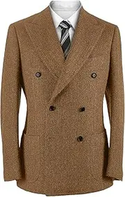 [Wemaliyzd] Vintage Herringbone Tweed Blazer British Peak Lapel Woolen Blend Tuxedo Jacket with Pockets