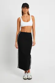 Black Midi Skirt Side Stripe - Size 8, Women's Maxi Skirt