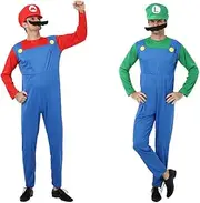 AUTOWT Mario Cosplay Costume for Adult, 3 Pack Super Brothers Fancy Dress Outfit Kits with Bodysuit, Luigi Hats Cap, Mustaches, Classic Luigi Bros Cosplay Costumes for Women Men