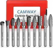 CAMWAY 10pcs Carbide Burrs Set 1/4" Shank,Die Grinder Carbide Bits, Rotary Tungsten Cutting Burrs Bits for Polishing Engraving Drilling Metal,Wood,Steel,Copper,Aluminum