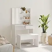 Elegant Vanity Dressing Table Set with Mirror and Stool, White Finish, Engineered Wood, 74.5x40x141 cm, Ample Storage and Modern Design for Bedroom Makeup Desk - Ideal for Girls Women