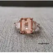 14K Rose Gold Finish 2.25CT Emerald Cut Real Morganite Engagement Jewelry Ring