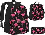 [ERCgad] Lovely Red Flamingos Print Canvas 3-In-1 School Bags Set Backpack Lunch Bag Pencil Case Combo For Men Women, Black, One Size
