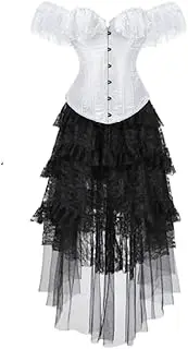 [FAWENLI] Fashion Full Bust Corsets For Women White Off Shoulder Lingerie Top With Gothic Lace Skirt Gothic Vintage Styl