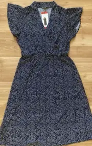 Adrianna Papell Dress Dark Blue/White Flutter Sleeve/rising coller M