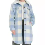 Koolaburra by Ugg Jacket Shacket Sherpa Collar Faux Wool Sky Blue Plaid $140