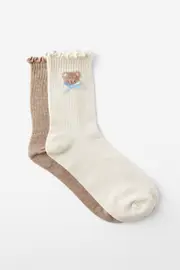 [Rubi] Rubi - The Perfect Pair Frill Rib Crew Sock 2Pk - Teddy pearl/tan OS TEDDY PEARL/TAN